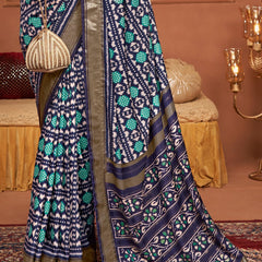 Stylum Women's Navy Blue Ikat Motifs Printeed Foil Border Silk Saree (SRANURANAVY)
