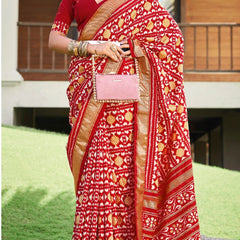 Stylum Women's Red Ikat Motifs Printed Foil Border Silk Saree (SRANURARED)