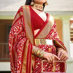 Stylum Women's Red Ikat Motifs Printed Foil Border Silk Saree (SRANURARED)