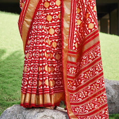 Stylum Women's Red Ikat Motifs Printed Foil Border Silk Saree (SRANURARED)
