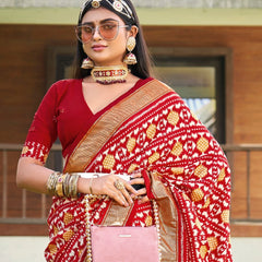 Stylum Women's Red Ikat Motifs Printed Foil Border Silk Saree (SRANURARED)