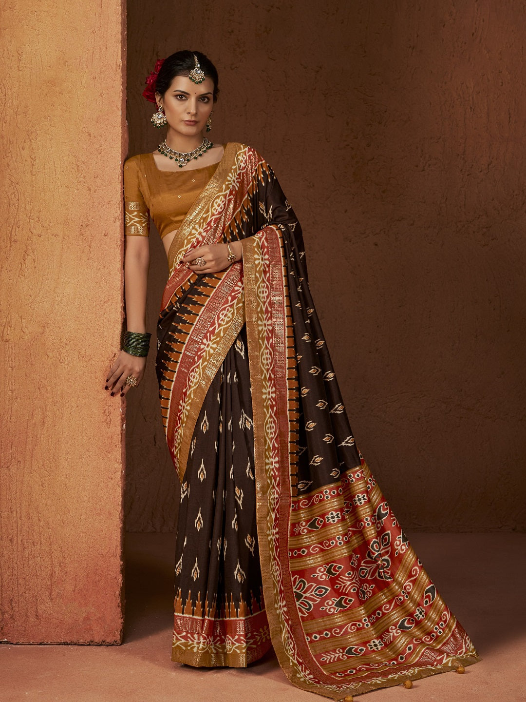 Stylum Women's Ikat Printed Zari Border Silk Saree (SRAROMAABROWN)