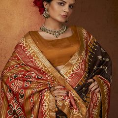 Stylum Women's Ikat Printed Zari Border Silk Saree (SRAROMAABROWN)