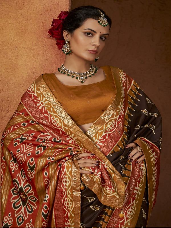 Stylum Women's Ikat Printed Zari Border Silk Saree (SRAROMAABROWN)