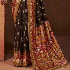 Stylum Women's Ikat Printed Zari Border Silk Saree (SRAROMAABROWN)