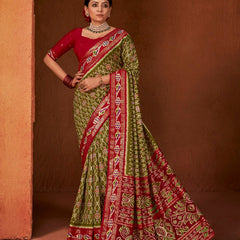 Stylum Women's Ikat Printed Zari Border Silk Saree (SRAROMAAGREEN)