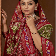 Stylum Women's Ikat Printed Zari Border Silk Saree (SRAROMAAGREEN)