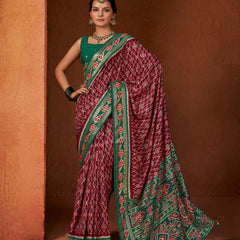 Stylum Women's Ikat Printed Zari Border Silk Saree (SRAROMAAMAROON)