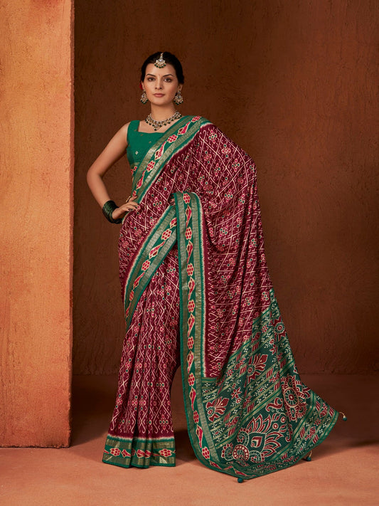 Stylum Women's Ikat Printed Zari Border Silk Saree (SRAROMAAMAROON)