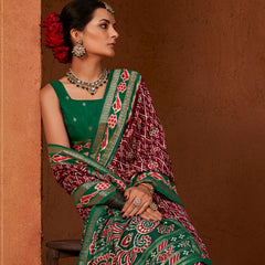 Stylum Women's Ikat Printed Zari Border Silk Saree (SRAROMAAMAROON)