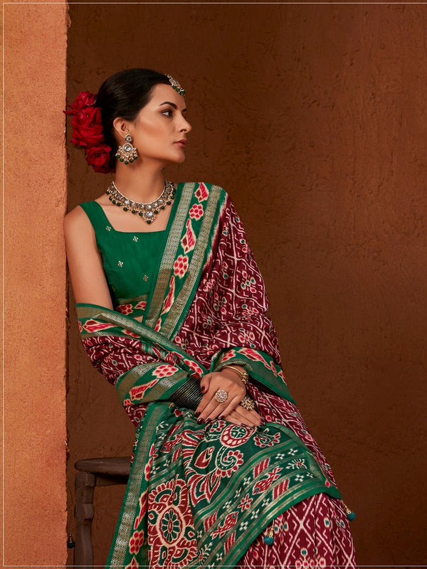 Stylum Women's Ikat Printed Zari Border Silk Saree (SRAROMAAMAROON)