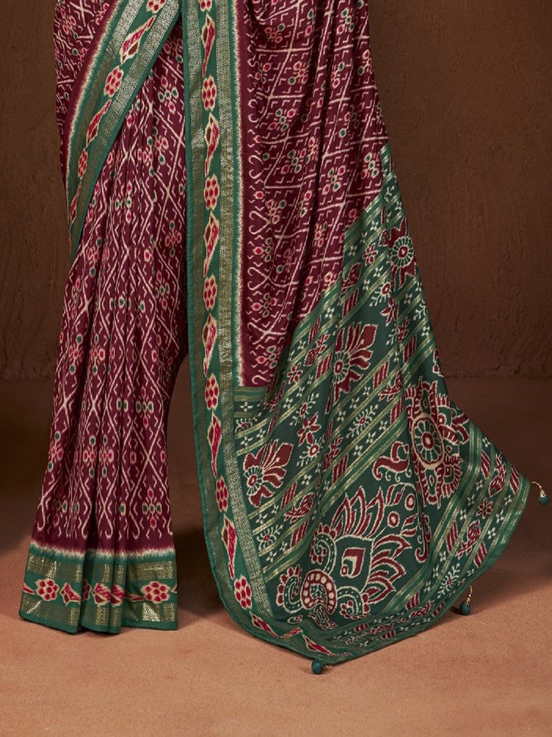 Stylum Women's Ikat Printed Zari Border Silk Saree (SRAROMAAMAROON)