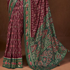 Stylum Women's Ikat Printed Zari Border Silk Saree (SRAROMAAMAROON)