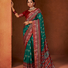 Stylum Women's Ikat Printed Zari Border Silk Saree (SRAROMAARAMAGREEN)