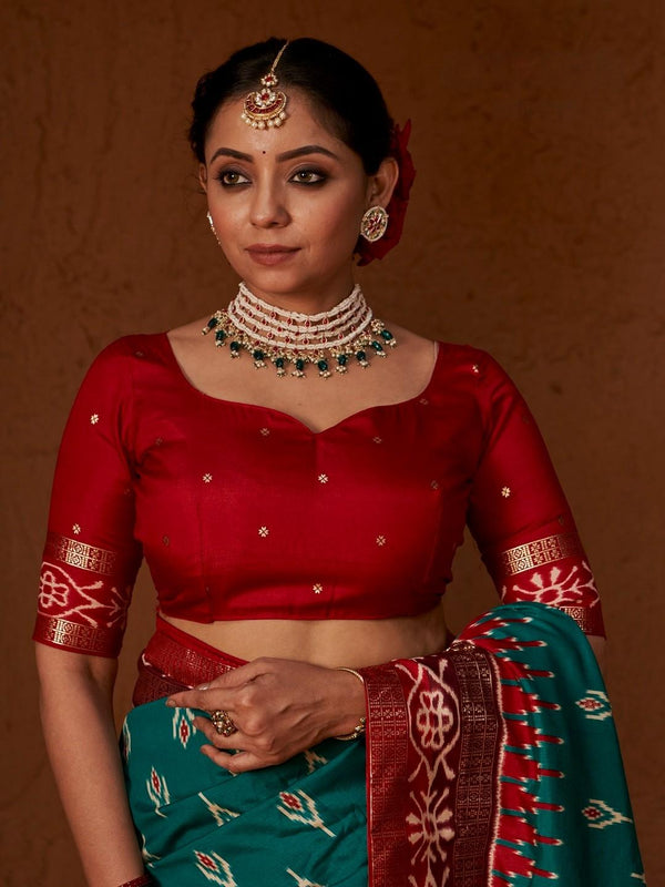 Stylum Women's Ikat Printed Zari Border Silk Saree (SRAROMAARAMAGREEN)