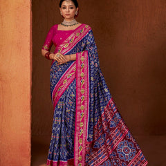 Stylum Women's Ikat Printed Zari Border Silk Saree (SRAROMAAROYAL)