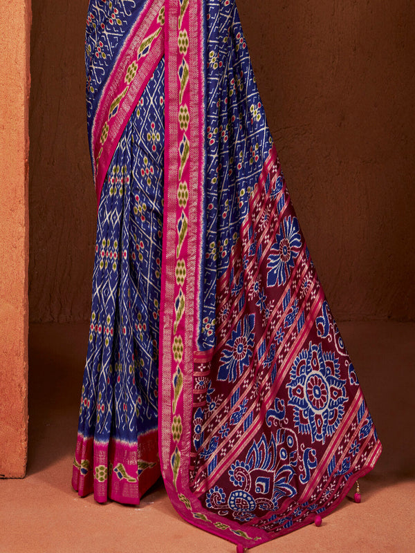 Stylum Women's Ikat Printed Zari Border Silk Saree (SRAROMAAROYAL)