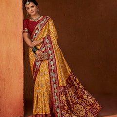 Stylum Women's Ikat Printed Zari Border Silk Saree (SRAROMAAYELLOW)