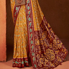 Stylum Women's Ikat Printed Zari Border Silk Saree (SRAROMAAYELLOW)