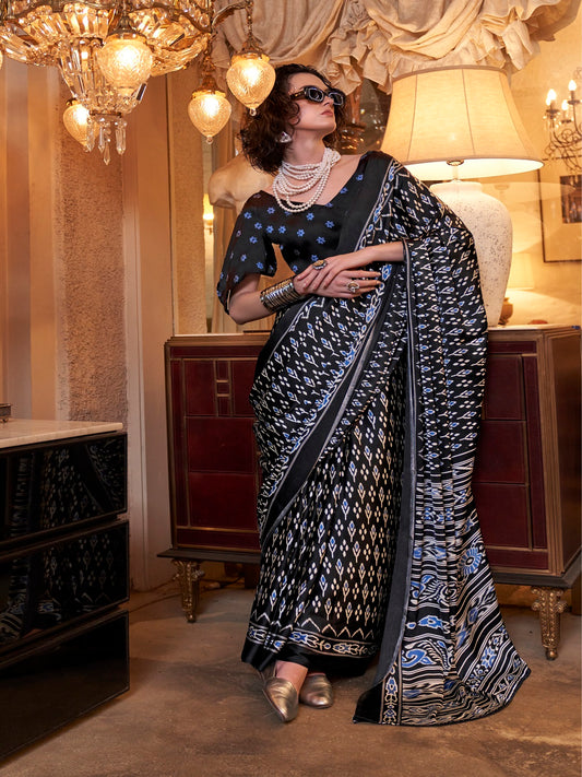 Stylum Women's Black Printed Satin Saree with Unstitched Blouser Piece (SRBAZUKABLACK)
