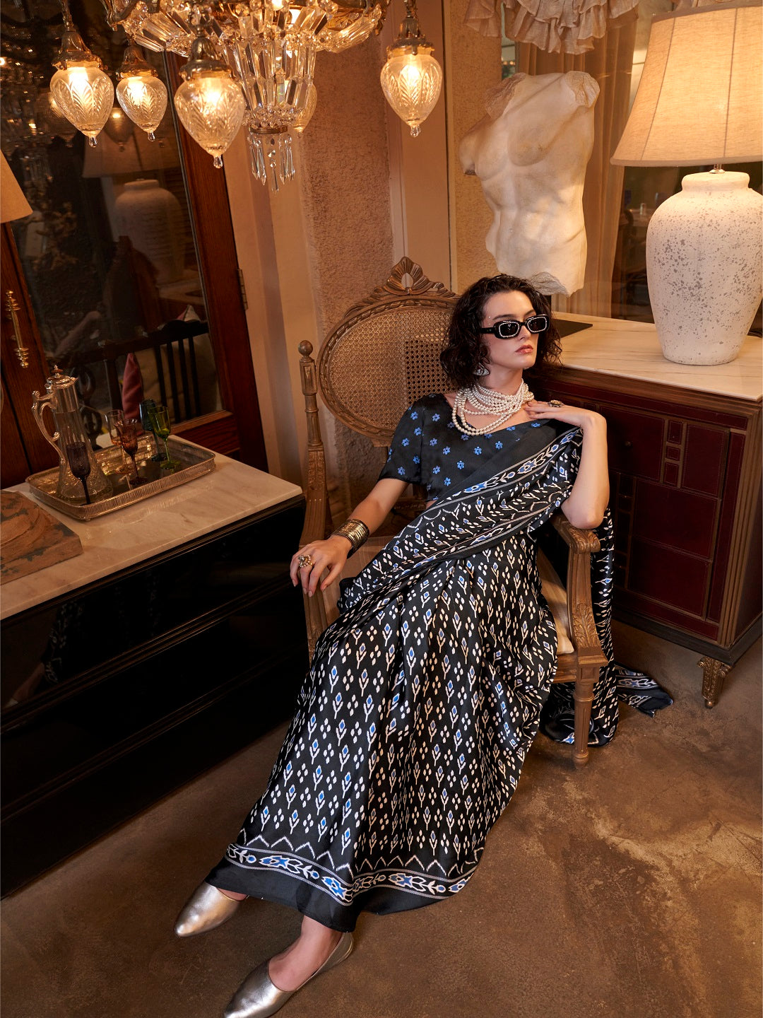 Stylum Women's Black Printed Satin Saree with Unstitched Blouser Piece (SRBAZUKABLACK)