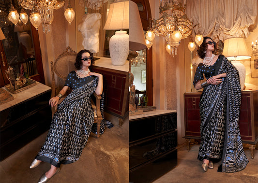 Stylum Women's Black Printed Satin Saree with Unstitched Blouser Piece (SRBAZUKABLACK)