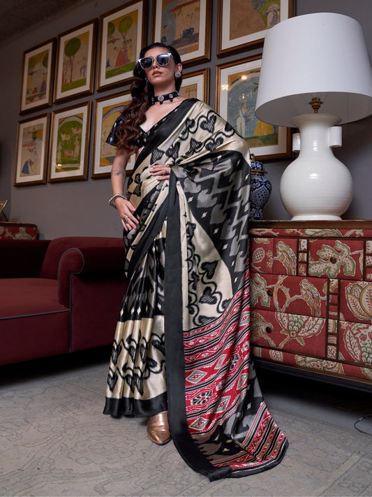 Stylum Women's Black Printed Satin Saree with Unstitched Blouser Piece (SRBAZUKAGOLD)