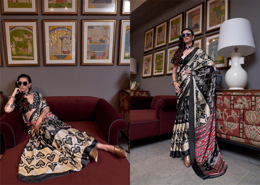 Stylum Women's Black Printed Satin Saree with Unstitched Blouser Piece (SRBAZUKAGOLD)