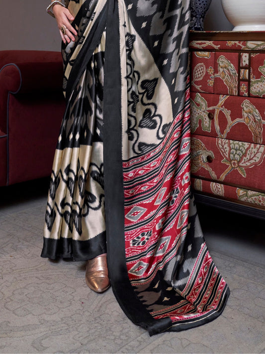 Stylum Women's Black Printed Satin Saree with Unstitched Blouser Piece (SRBAZUKAGOLD)