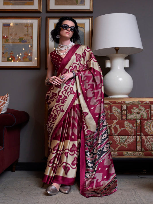 Stylum Women's Maroon Printed Satin Saree with Unstitched Blouser Piece (SRBAZUKAMAROON)