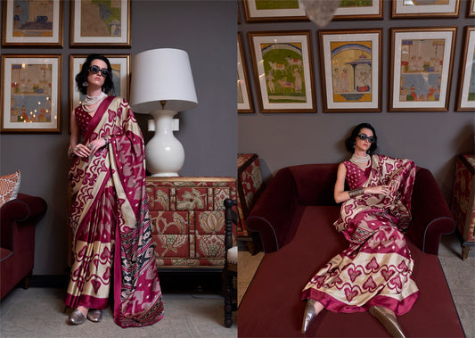 Stylum Women's Maroon Printed Satin Saree with Unstitched Blouser Piece (SRBAZUKAMAROON)