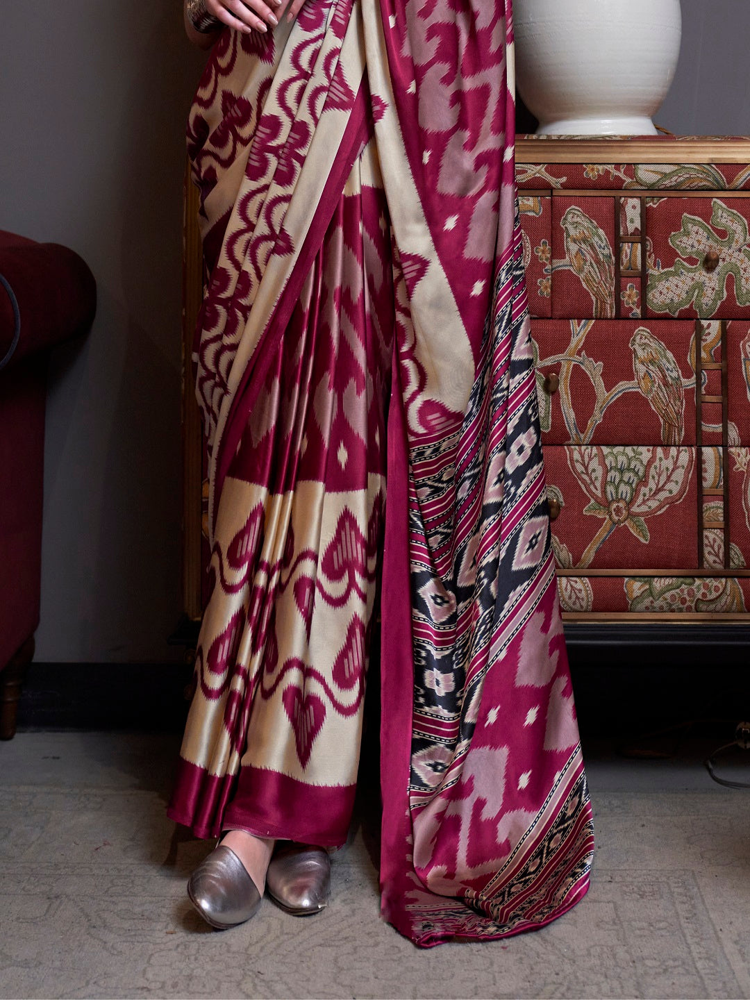 Stylum Women's Maroon Printed Satin Saree with Unstitched Blouser Piece (SRBAZUKAMAROON)