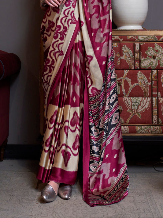 Stylum Women's Maroon Printed Satin Saree with Unstitched Blouser Piece (SRBAZUKAMAROON)