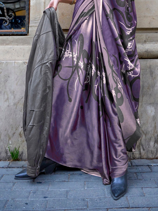 Stylum Women's Purple Printed Satin Saree with Unstitched Blouser Piece (SRBAZUKAPURPLE)
