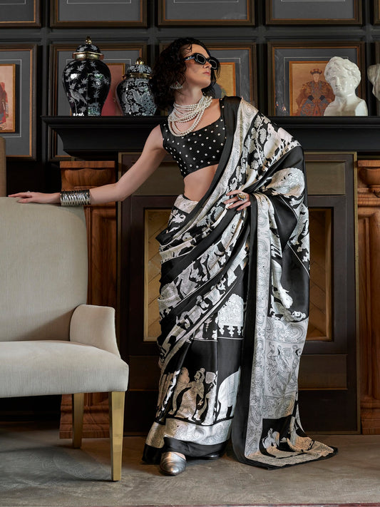 Stylum Women's White Printed Satin Saree with Unstitched Blouser Piece (SRBAZUKAWHITE)