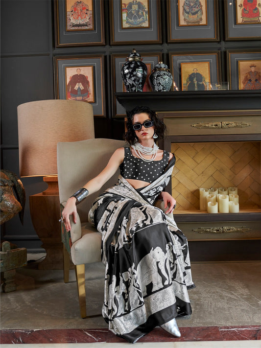 Stylum Women's White Printed Satin Saree with Unstitched Blouser Piece (SRBAZUKAWHITE)