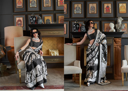 Stylum Women's White Printed Satin Saree with Unstitched Blouser Piece (SRBAZUKAWHITE)