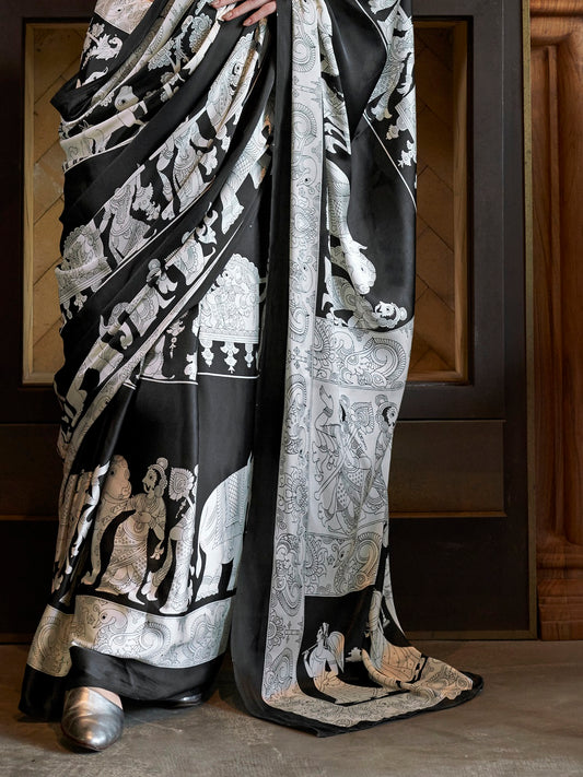 Stylum Women's White Printed Satin Saree with Unstitched Blouser Piece (SRBAZUKAWHITE)