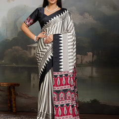 Stylum Women's Black Ajrakh Printed Modal Satin Saree With Unstitched Blouse Piece (SRBLACKBORIL)