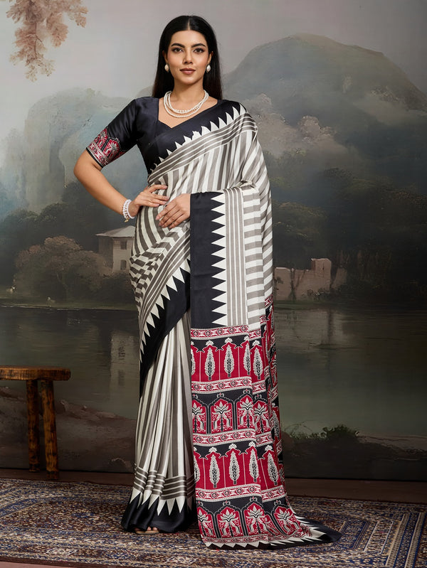 Stylum Women's Black Ajrakh Printed Modal Satin Saree With Unstitched Blouse Piece (SRBLACKBORIL)