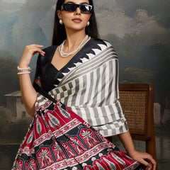 Stylum Women's Black Ajrakh Printed Modal Satin Saree With Unstitched Blouse Piece (SRBLACKBORIL)