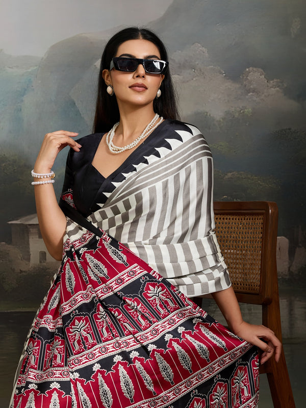 Stylum Women's Black Ajrakh Printed Modal Satin Saree With Unstitched Blouse Piece (SRBLACKBORIL)