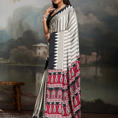 Stylum Women's Black Ajrakh Printed Modal Satin Saree With Unstitched Blouse Piece (SRBLACKBORIL)
