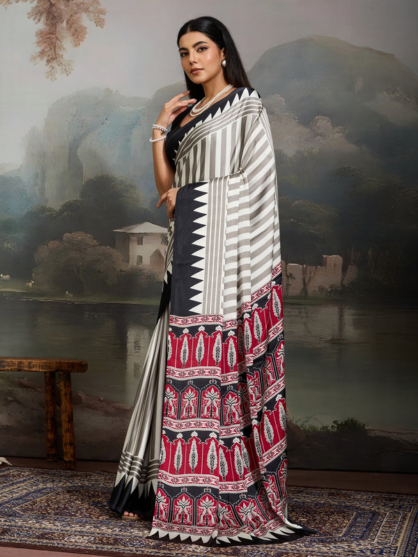 Stylum Women's Black Ajrakh Printed Modal Satin Saree With Unstitched Blouse Piece (SRBLACKBORIL)