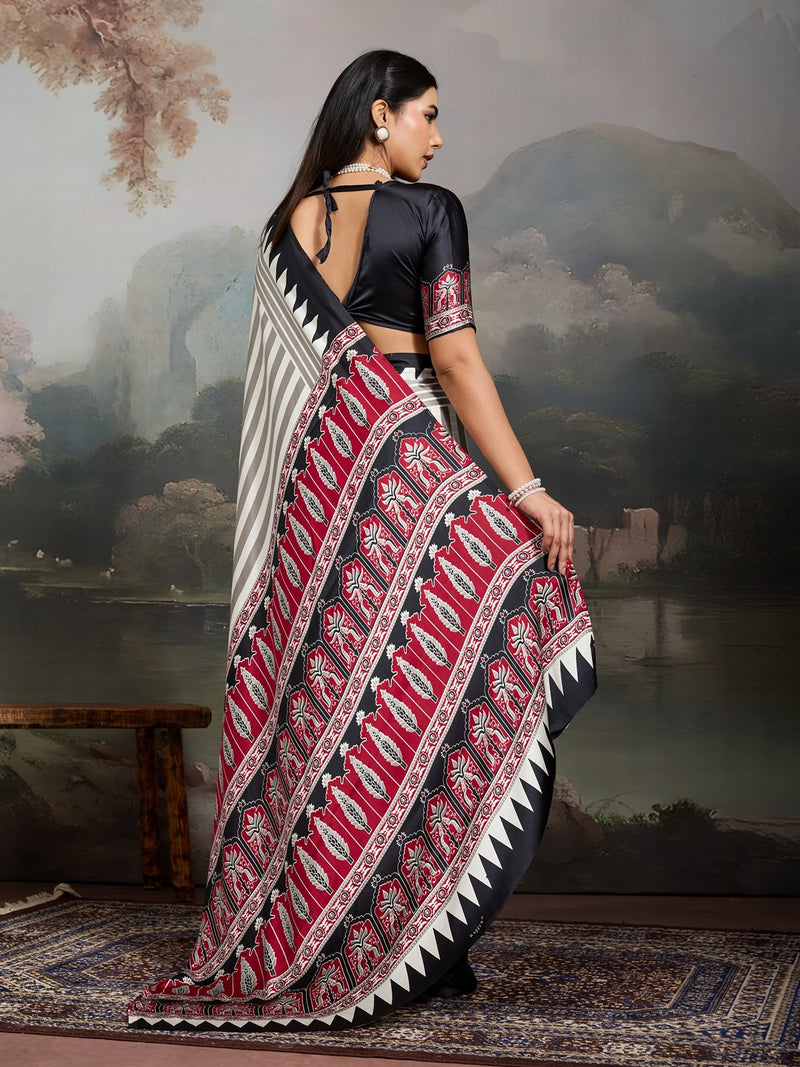 Stylum Women's Black Ajrakh Printed Modal Satin Saree With Unstitched Blouse Piece (SRBLACKBORIL)