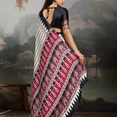 Stylum Women's Black Ajrakh Printed Modal Satin Saree With Unstitched Blouse Piece (SRBLACKBORIL)