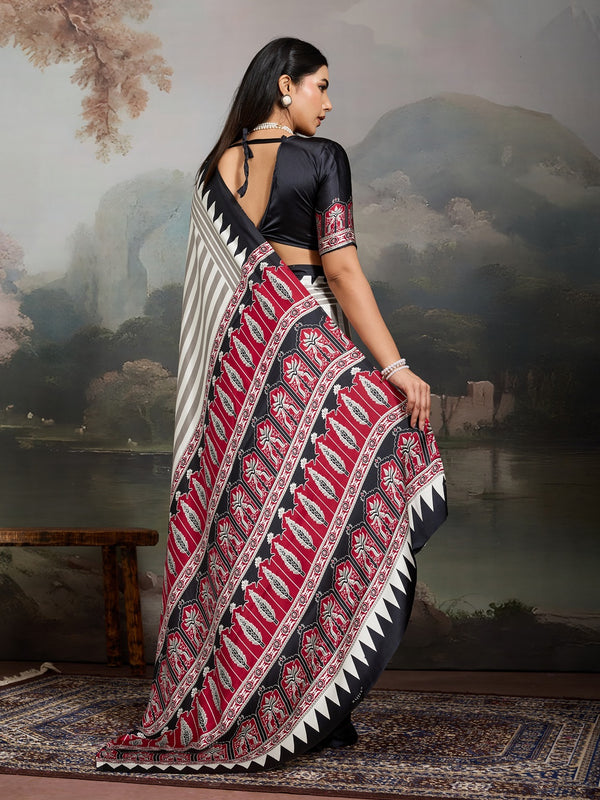 Stylum Women's Black Ajrakh Printed Modal Satin Saree With Unstitched Blouse Piece (SRBLACKBORIL)