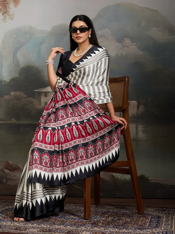 Stylum Women's Black Ajrakh Printed Modal Satin Saree With Unstitched Blouse Piece (SRBLACKBORIL)
