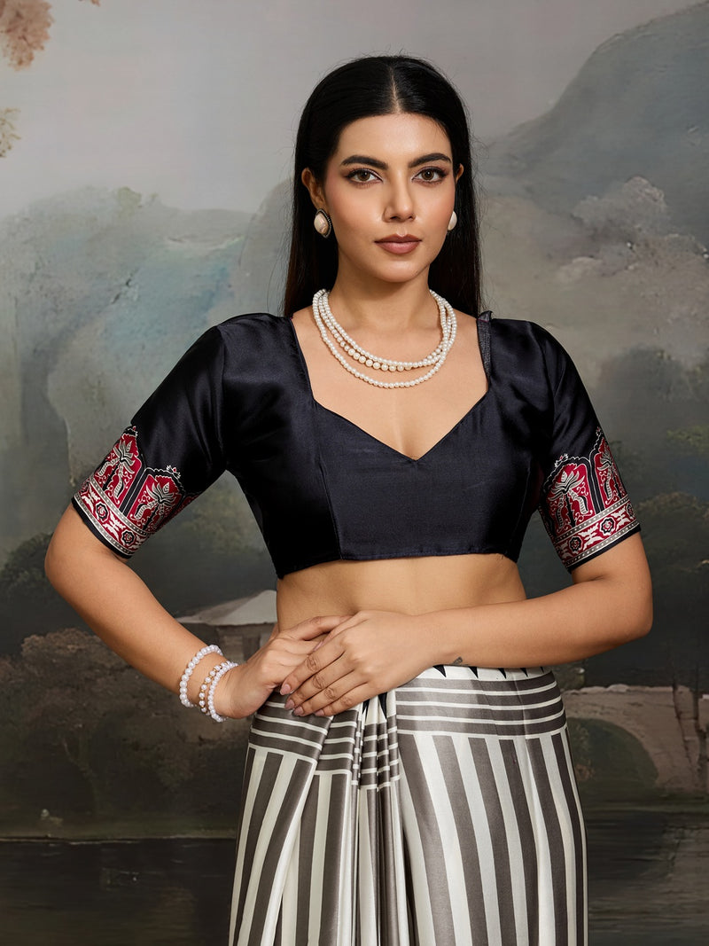 Stylum Women's Black Ajrakh Printed Modal Satin Saree With Unstitched Blouse Piece (SRBLACKBORIL)