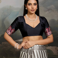 Stylum Women's Black Ajrakh Printed Modal Satin Saree With Unstitched Blouse Piece (SRBLACKBORIL)